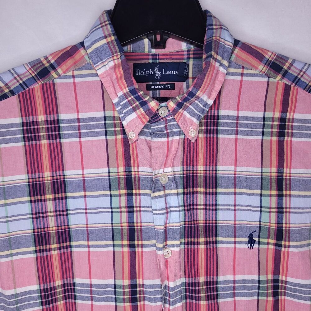 Ralph Lauren Shirt Mens XL Plaid Pink, Blue Short Sleeve Classic Fit